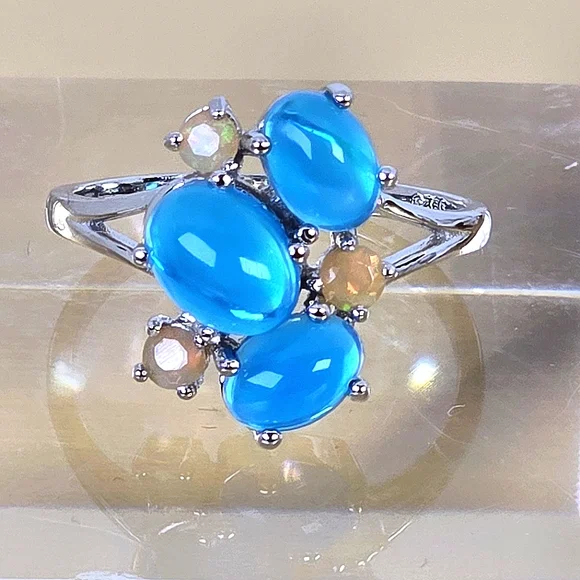 925 Sterling Silver Ring with Natural Oval Blue Opal 8x6mm & Fire Opal Gemstones - Picture 11 of 14